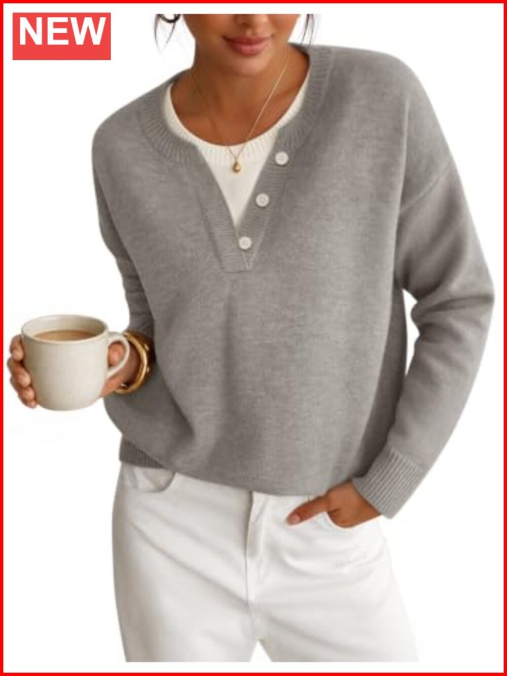 Womens Henley Neck Oversized Sweater Knit Pullover Long Sleeve